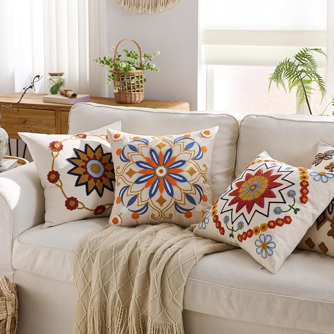 Embroidered Throw Pillow Cover 22x22 Classic Boho Floral Pattern Pillows Cover - Image 5