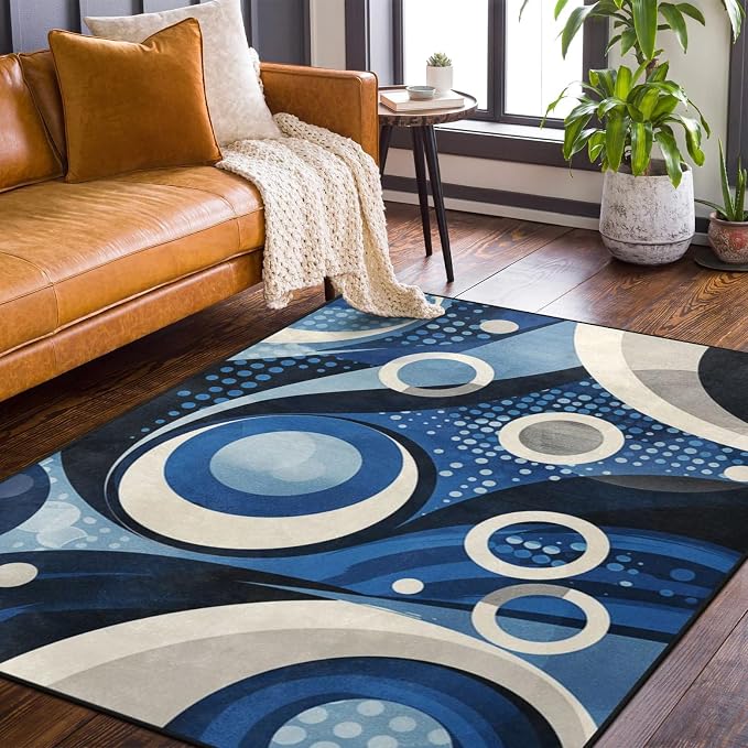 9CH Modern Wavy Circles Area Rug 7' X 5' Navy Blue Abstract Geometric Washable - Image 4