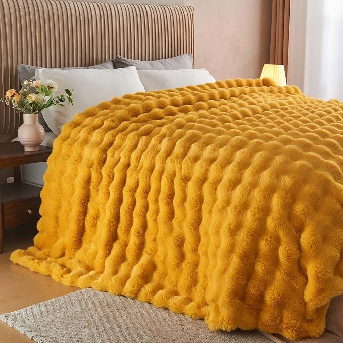 Lotus Karen Faux Fur Throw Blanket Ginger Yellow - Image 3