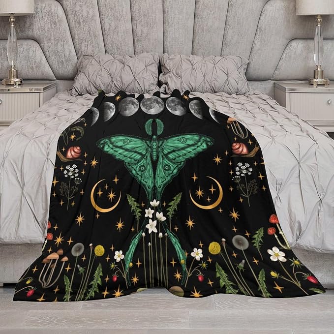 Moon Phase Moth Blanket, Vintage Botanical Mushroom Wildflower Gothic Night - Image 7