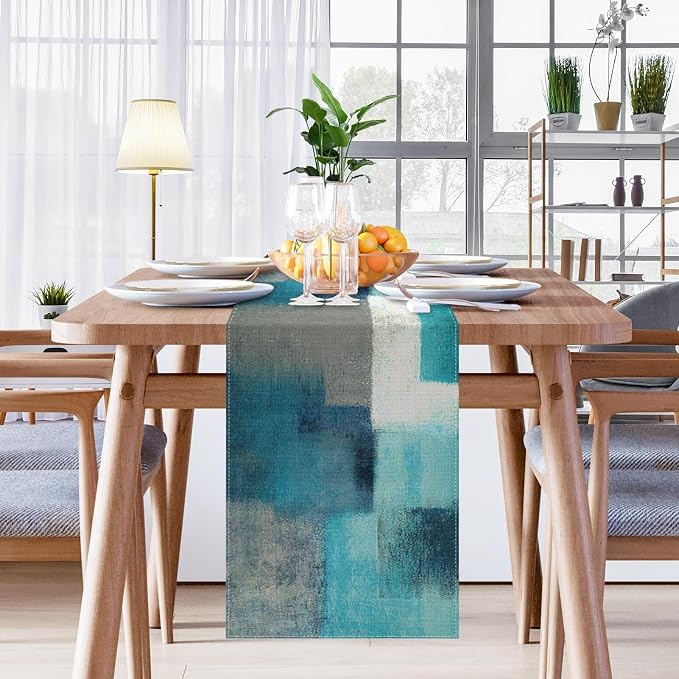 Emvency Farmhouse Table Runner, Modern Teal and Grey Abstract Art Painting - Image 3