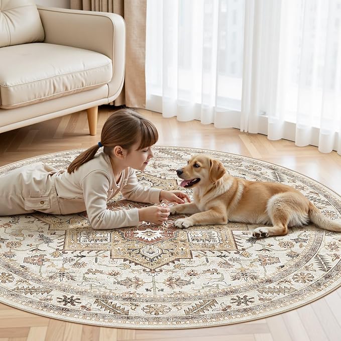 5ft Round Vintage Living Room Area Rug - Image 7
