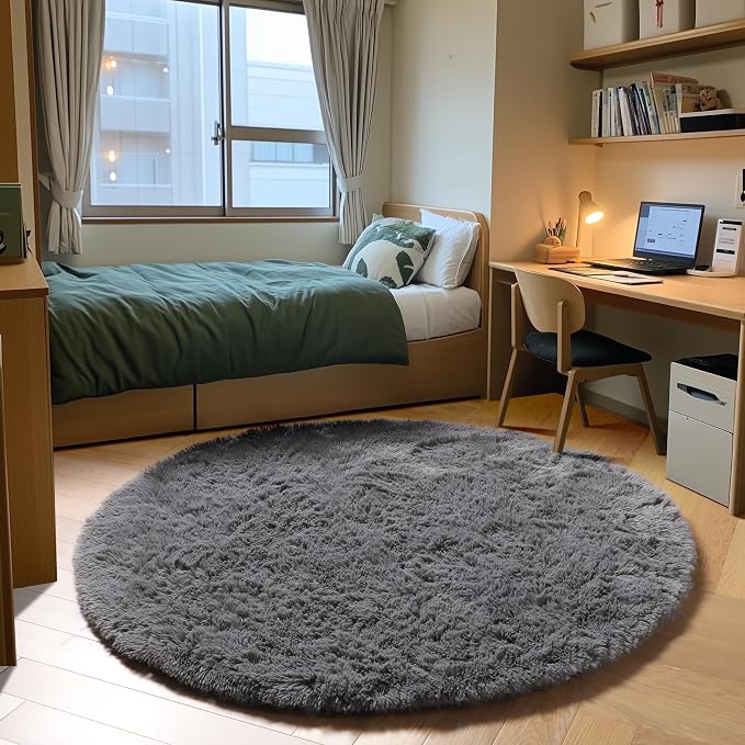 ONASAR Grey Round Area Rug 4ft, Fluffy Plush Shaggy Carpet Mats - Image 3