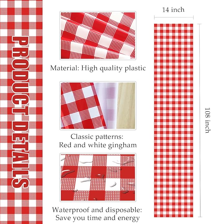 6 Pcs Red and White Checkered Table Runner Plastic 14 x 108 Disposable Gingham - Image 2