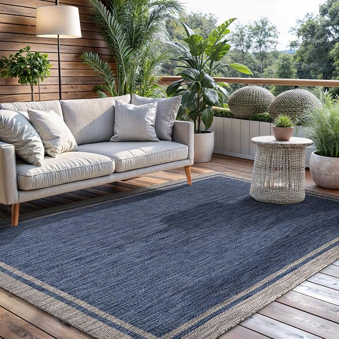 CAMILSON Outdoor Rug, 9x12 Bordered Navy Blue Gray Modern Large Area Rugs - Image 9