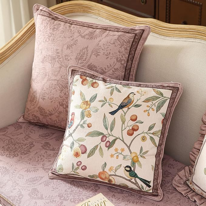 Pink Farmhouse Throw Pillow Covers, Birds and Flowers Pattern Cozy Velvet - Image 6