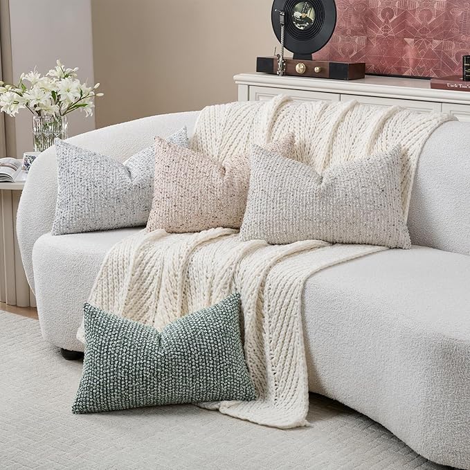 Striped Throw Pillow Covers 12x20 Set of 2 Cream Grey Textured Boucle Chic - Image 6