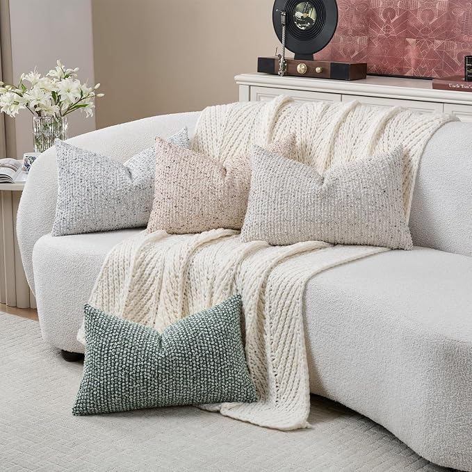 Striped Throw Pillow Covers 12x20 Set of 2 Beige Textured Boucle Chic Morden - Image 6