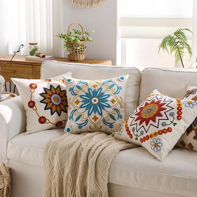 Embroidered Throw Pillow Cover 20x20 Classic Boho Floral Pattern Pillows Cover - Image 5