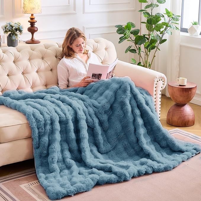 Lotus Karen Faux Fur Throw Blanket Sky Blue - Image 7
