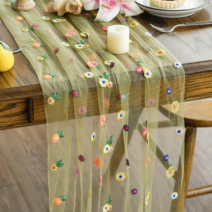 Artoid Mode Green Embroidery Daisy Spring Gauze Table Runner 59x120 Inch 10FT by ArtoidMode