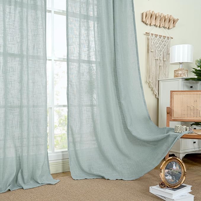 LAMIT Greyish Blue Linen Boho Curtains 84 inch Length 2 Panels, Light Filtering - Image 9