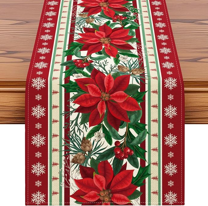 OTOSTAR Snow Holly Pinecone Christmas Red Flower Table Runner, Xmas Seasonal by OTOSTAR