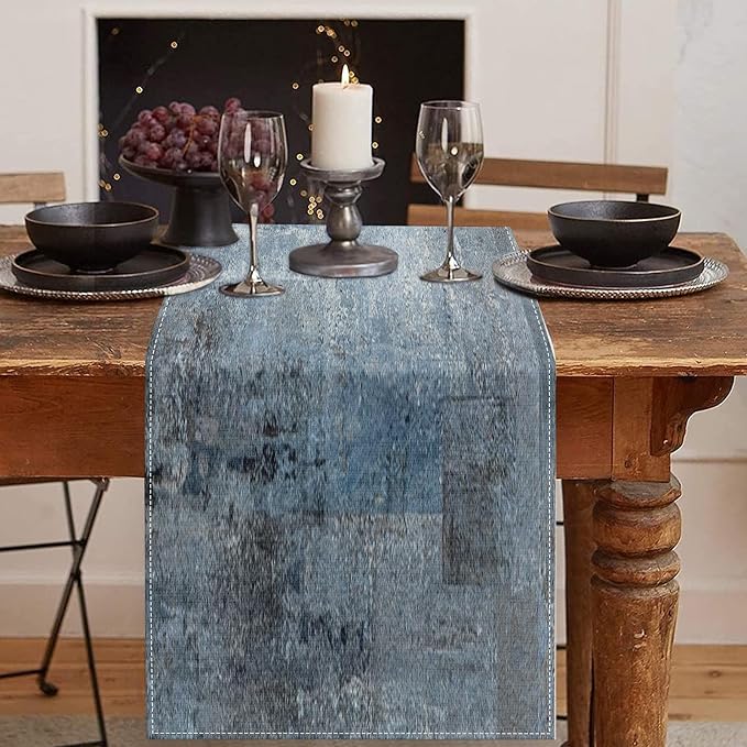 Emvency Farmhouse Style Table Runner, Abstract Art Painting Denim Blue Dining by Emvency