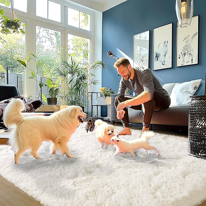 Cream White Plush Rug for Living Room Fuzzy Carpet for Bedroom Dorm, Non-Slip - Image 4