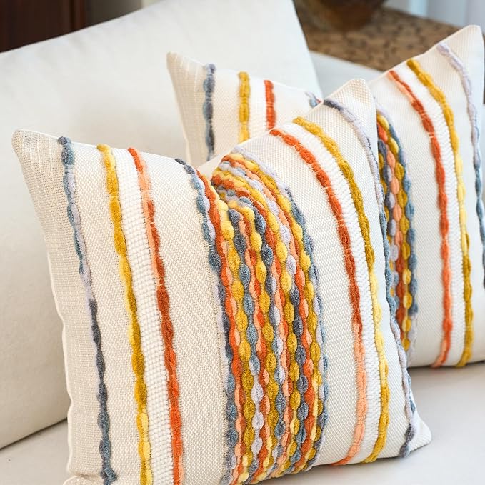 Aeckself Boho Pillow Covers 18x18 Inch Set of 2, Farmhouse Decorative Striped - Image 2