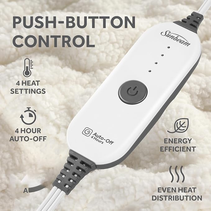 Sunbeam Royal Sherpa Foot Pocket Heated Throw Electric Blanket, 4 Heat Settings - Image 3