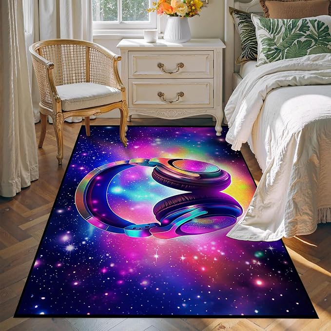Galaxy Game Area Rug Large Music Headphone Rugs Colorful Throw Rug Non-Slip by CERYUEE