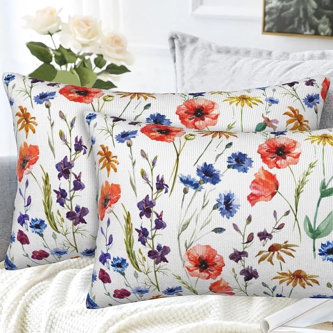 Wildflowers Throw Pillow Covers Set of 2 Watercolor Poppy Pillow Covers 20x12 - Image 4