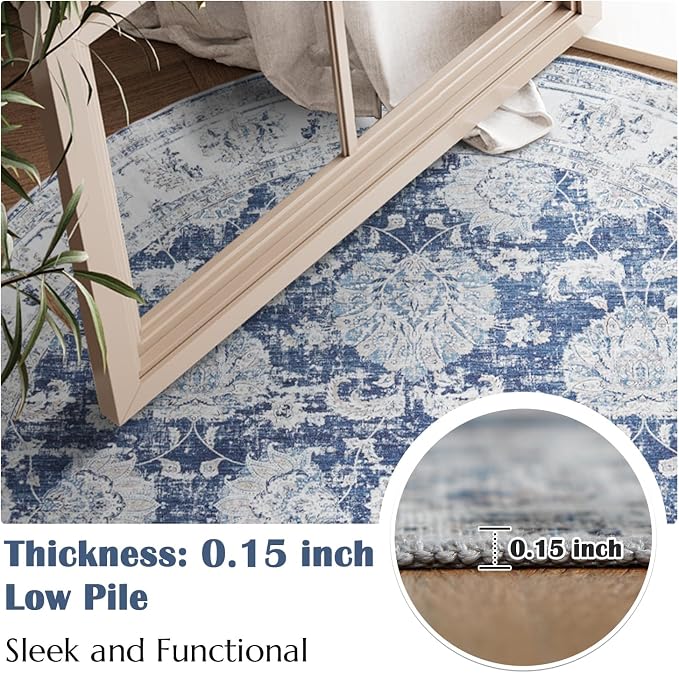 jinchan Fiora Round Rug 4ft Area Rugs Vintage Floral Distressed Design - Image 5