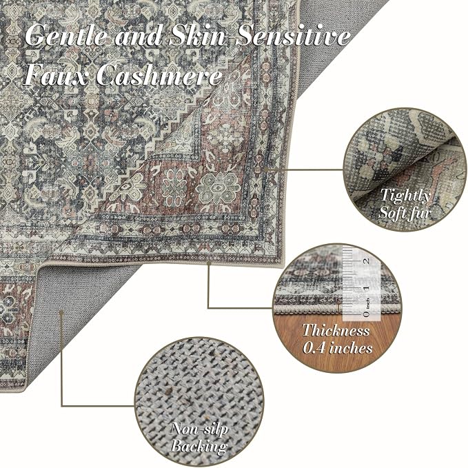 Area Rug 8×10, Large Vintage Boho Rug, Ultra-Soft Low Pile, Non Slip, Stain - Image 3