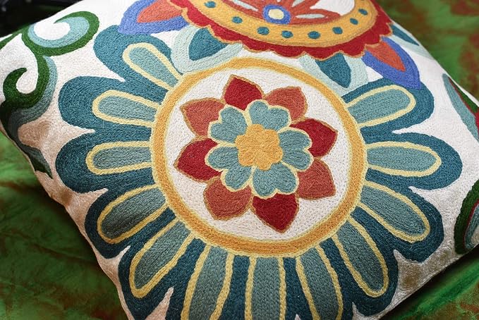 Daisy Floral Pillow Cover Teal Flower Pillowcase Flowery Outdoor Cushion Suzani - Image 3
