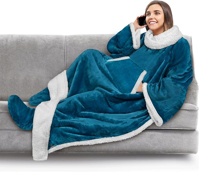 PAVILIA Sherpa Blanket with Sleeves, Foot Pocket by PAVILIA