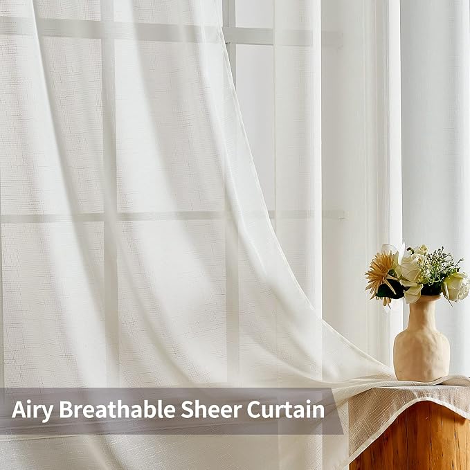 MIULEE 2 Panels Natural Linen Look Textured Sheer Curtains Elegant Solid Ivory - Image 5