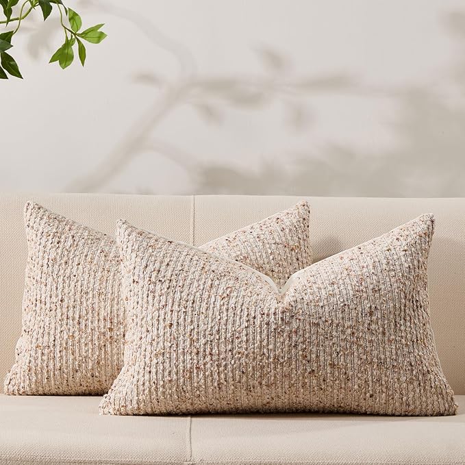 Decorative Couch Throw Pillow Covers 12x20 Set of 2 Beige Striped Soft Wool by Allorry