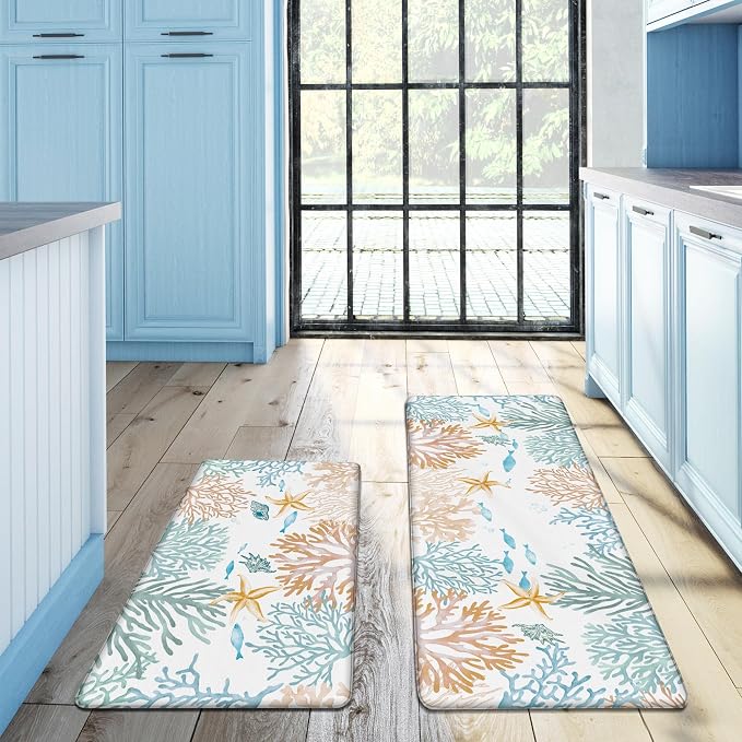 Kitchen Mats for Floor Cushioned Anti Fatigue Sets of 2 Coastal Kitchen Rugs - Image 3