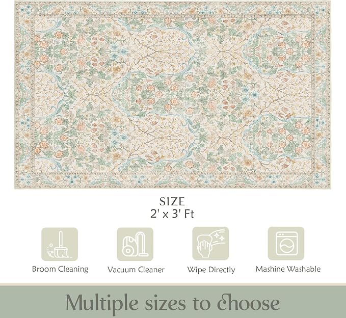 MUJOO 2x3 Washable Rug, Floral Small Area Rugs - Image 2