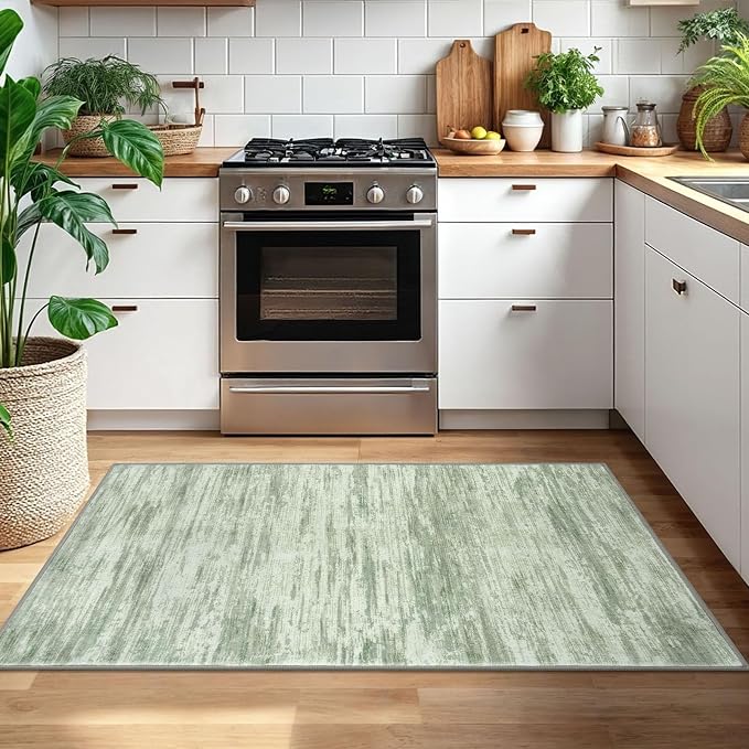 3x5 Modern Abstract Area Rug for Entryway, Light Sage Green and Ivory Super - Image 2