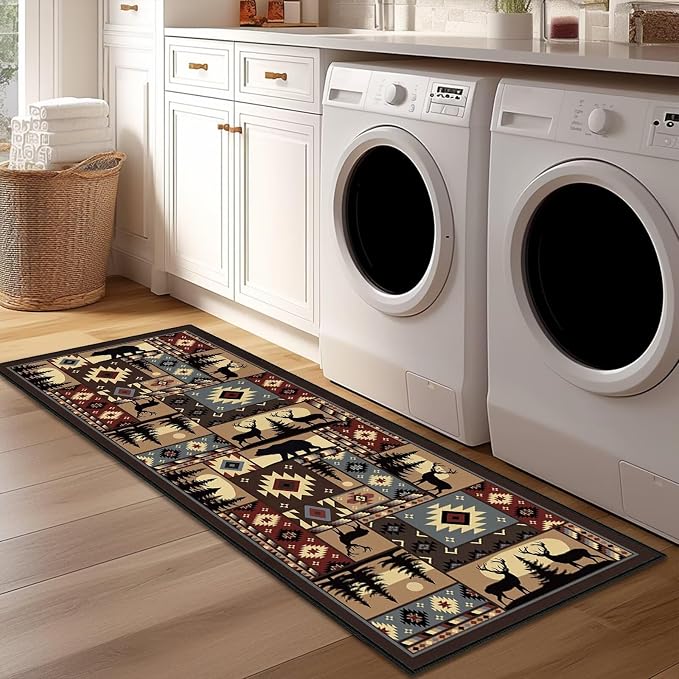 Cabin Wildlife Runner Rug 2x6, Buffalo Plaid Bear Moose Deer Country, Vintage - Image 6