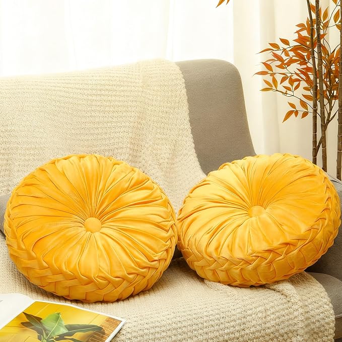 2 Pcs Round Throw Pillows 15 Inch Decorative Velvet Pleated Pumpkin Floor Boho by Beeveer
