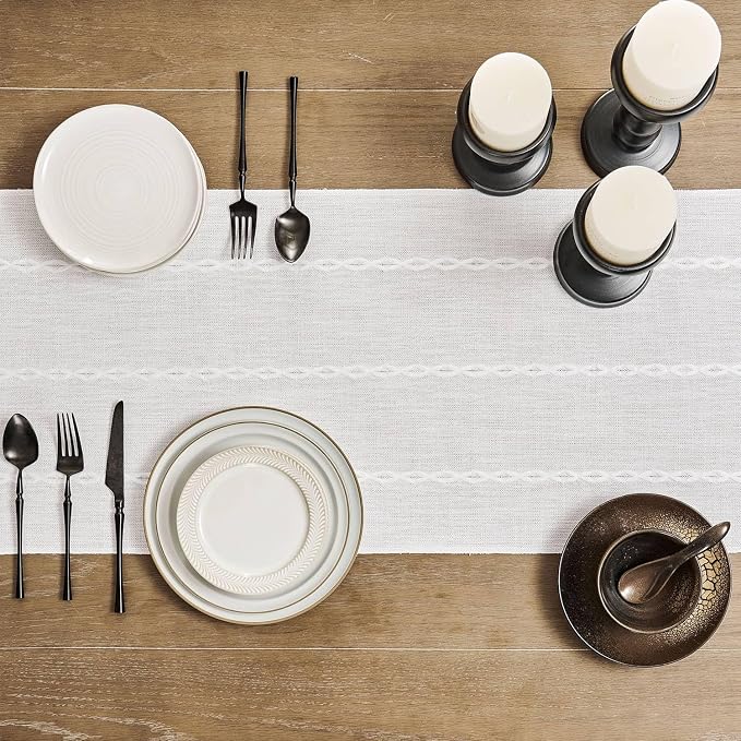 ZeeMart Farmhouse Braided Striped Table Runner, Rustic Ivory Table Runners 108 - Image 4