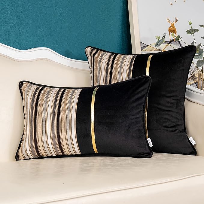 Yangest Black Striped Patchwork Throw Pillow Cover Gold Leather Cushion Cover - Image 5