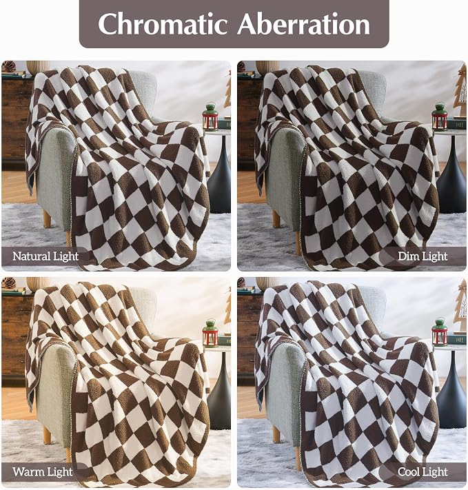 WRENSONGE Checkered Throw Blanket, Coffee Soft Cozy Fluffy Warm Hand Made Throw - Image 6