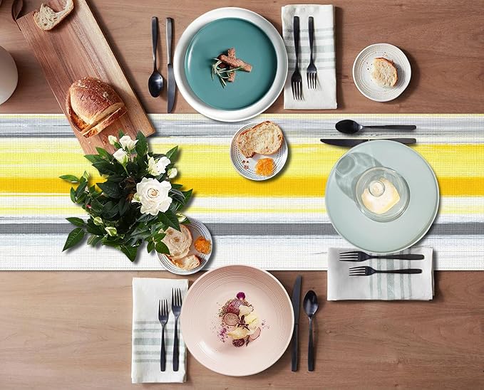Emvency Yellow Abstract Table Runner, Modern Grey White Striped Dining Decor - Image 3