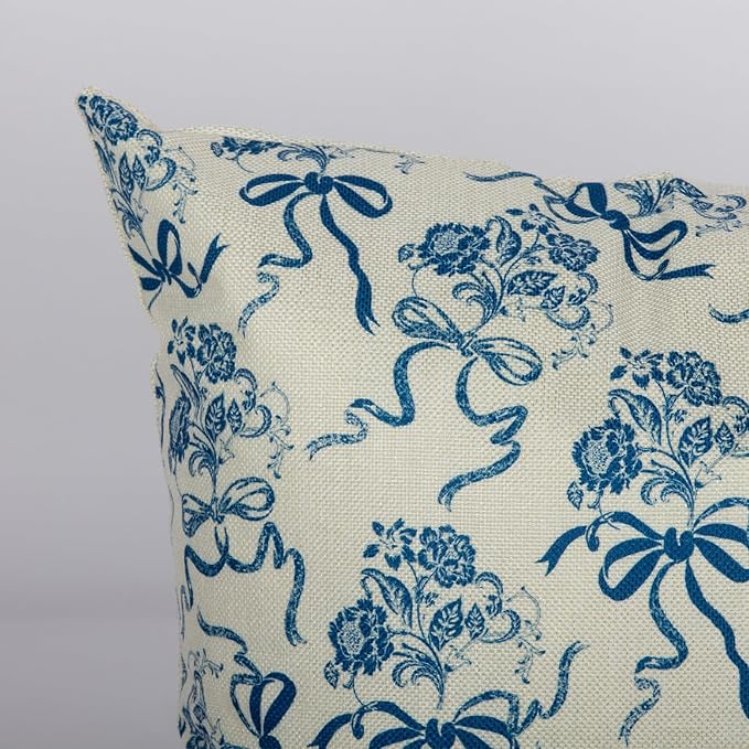 Vintage Blue Flower Pillow Cover 18x 18 Set of 2, Chinoiserie Floral Bow - Image 6