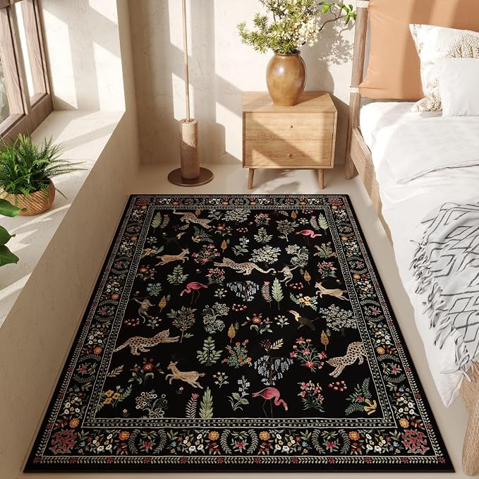 Rugcomf Area Rug 4x6 Rug Washable Boho Rugs Non Slip Low Pile Floral Animal - Image 5