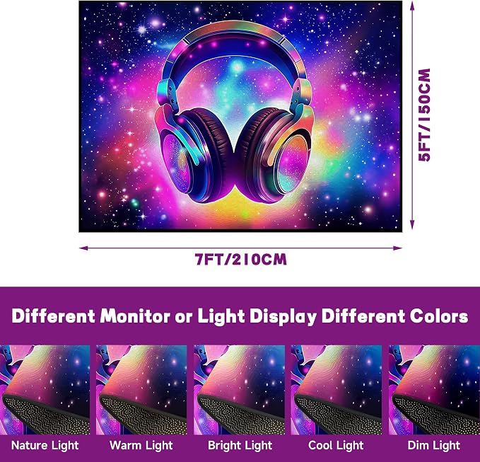 5' X 7' Galaxy Game Area Rug Music Headphone Rugs Colorful Throw Rug Non-Slip - Image 2