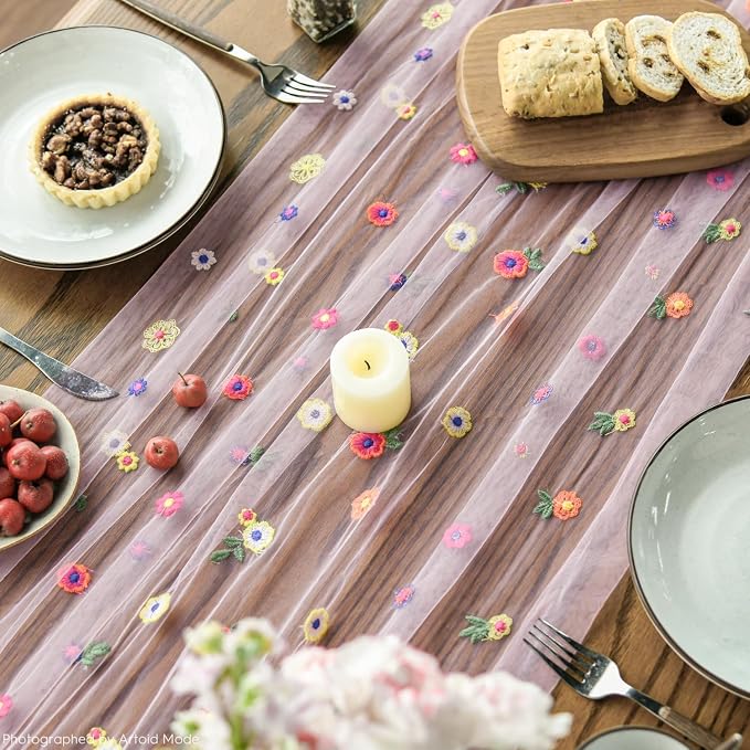 Artoid Mode Pink Embroidery Daisy Gauze Table Runner 120 Inch 10FT, Seasonal - Image 6