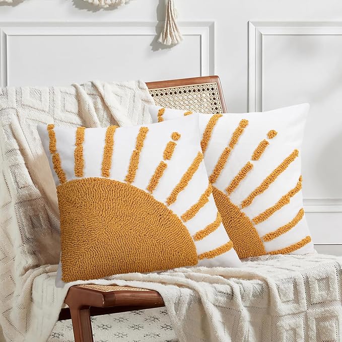 Adabana Boho Decorative Yellow Throw Pillow Covers 18x18, Tufted Sun Pillow - Image 6