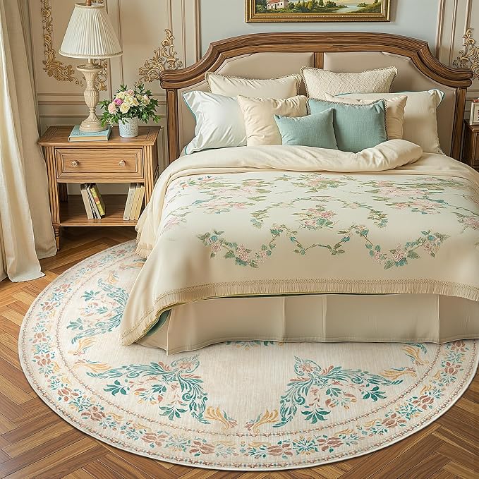 jinchan Round Rug 6ft Area Rugs Vintage Floral Distressed Design, Machine - Image 3