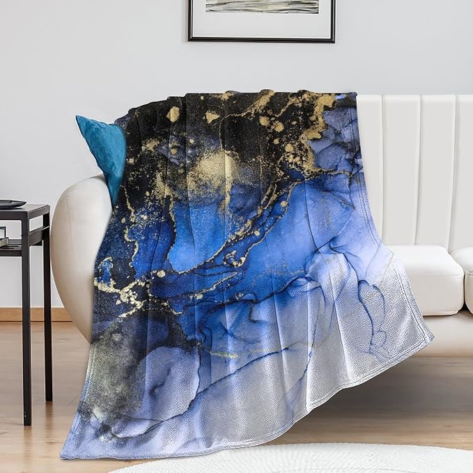 Modern Marble Blanket, Abstract Luxury Baroque Golden Dark Blue Stone Veins by Unknown