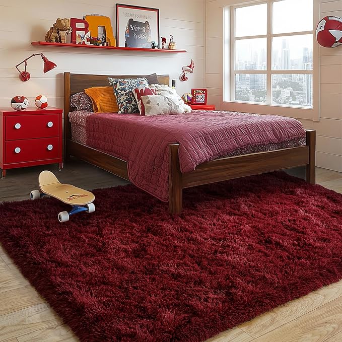 Burgundy Plush Rug for Living Room Fuzzy Carpet for Bedroom Dorm, Non-Slip High - Image 2