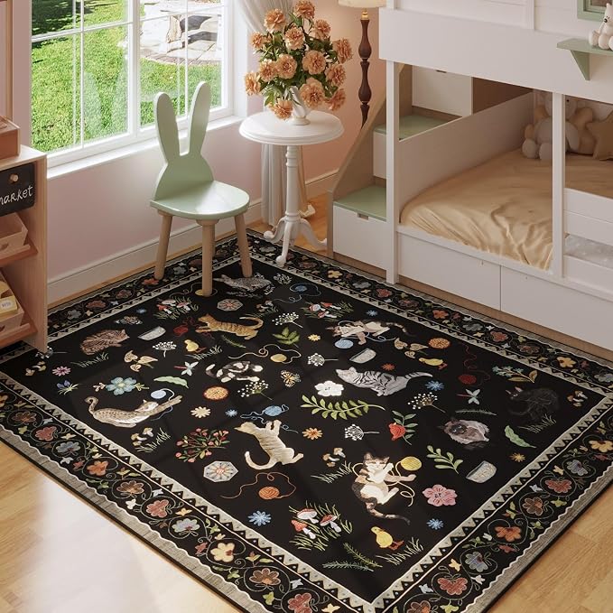 Rugcomf Area Rug 4x6 Rug Washable Boho Rugs Non Slip Low Pile Floral Animal Cat - Image 3