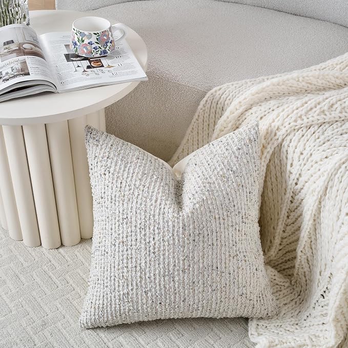 Striped Throw Pillow Covers 18x18 Set of 2 Cream Grey Textured Boucle Chic - Image 4