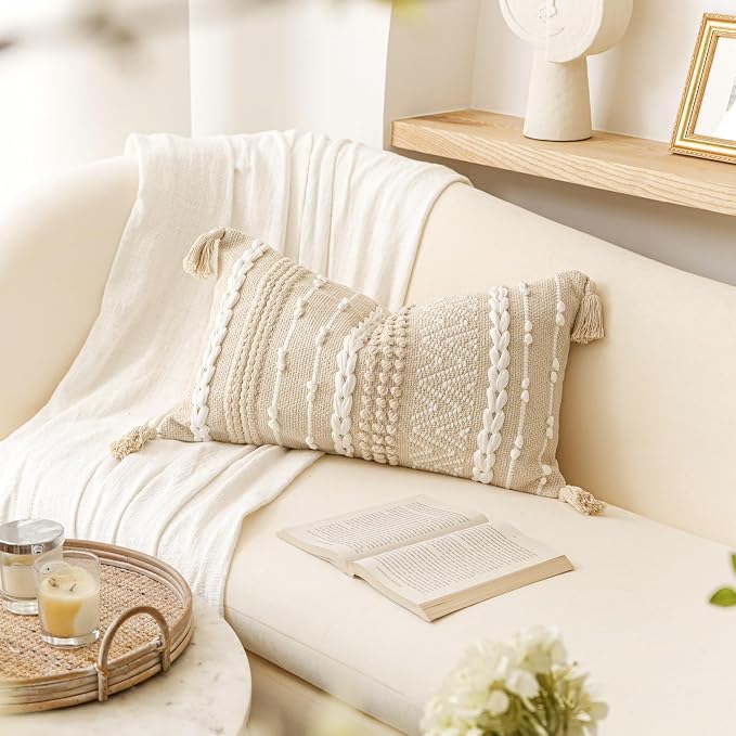 BlissBlush Decorative Lumbar Pillow Cover 14x24, Cream White Boho Accent Throw - Image 6
