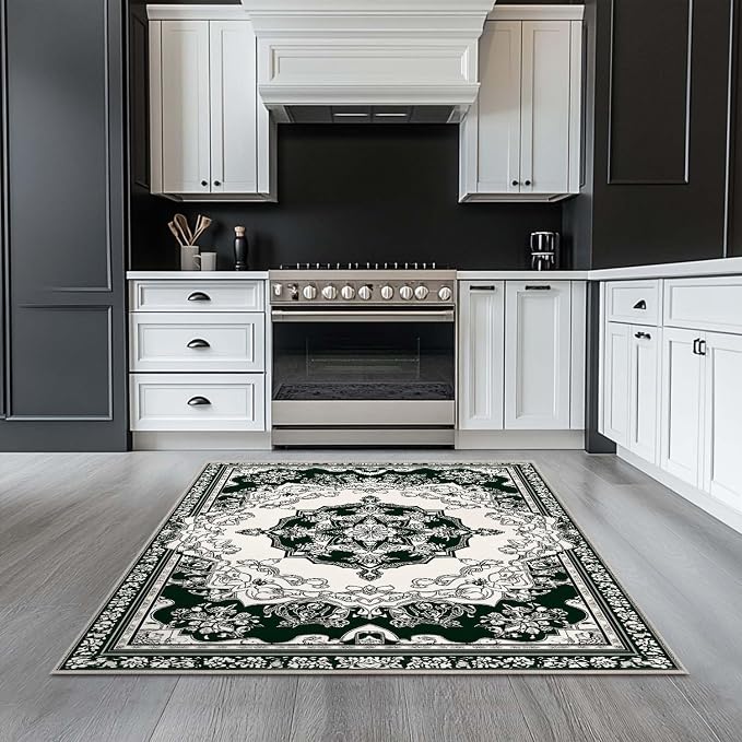 4x6 Traditional Oriental Area Rug Black White Dark Green Rug Non Slip Low Pile - Image 4